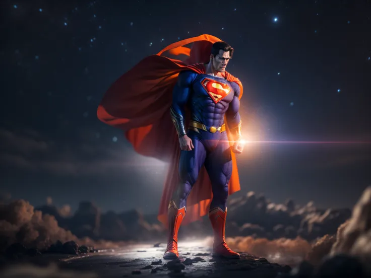 Close a powerful threat, The imposing appearance of the mighty Superman dressed in orange uniform, menacing stare, ricamente detalhado, Hiper realista, 3D-rendering, obra-prima, NVIDIA, RTX, ray-traced, Bokeh, Night sky with a huge and beautiful full moon,...