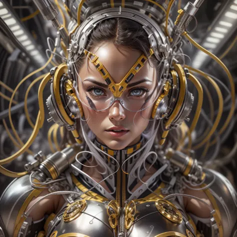 mujer atletica y voluptuosa con uniforme a lascas de metal plata , oro y bronce con grandes ojos y piernas musculadas, cuenrpo entero, se encuentra en centro de control de nave espacial, con maquinarias , tubos, cables y tecnologia.