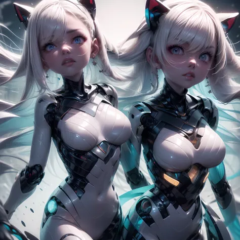 escaped, anatomically accurate android woman, wearing revealing clothes made of transparent plastic scraps, in a rainy and dirty alleyway, cleverly concealing her hands and missing certain parts. glowing eyes crying white tears