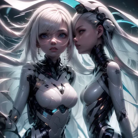 Create a visually captivating image of a transparently attired android girl with flawless anatomical details and a clever concealment of her hands. missing parts