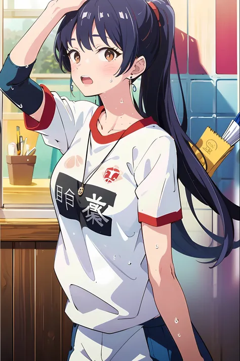 ,(Masterpiece:1.2, high quality), (pixiv:1.4),Anna yamada,large breast,
1girl, solo, sport wear, arm up, brown eyes, shirt, sweat, ponytail, blush, looking at viewer, blue hair, breasts, open mouth, wet, white shirt, short sleeves, name tag, wet clothes, c...