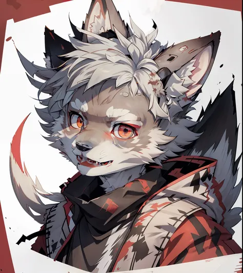 wolf face，red color eyes，clock patterns can be mapped in the eye，counter background，the picture is neat，white hair all over，ther...