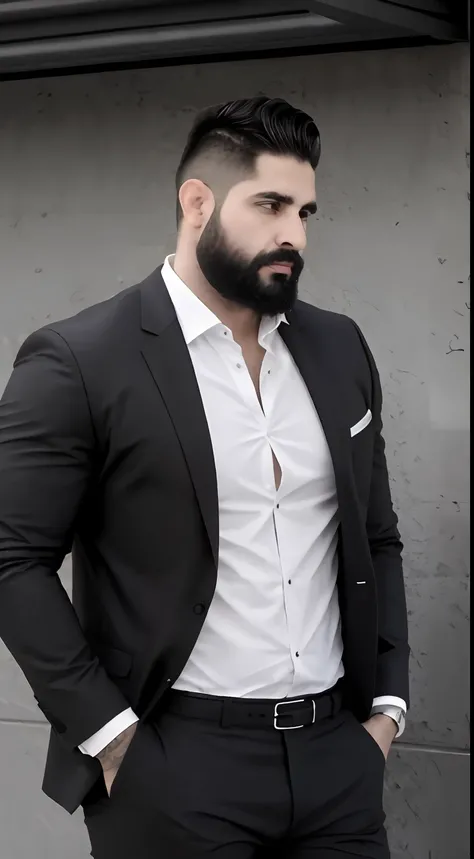 hombre varonil con barba y ropa elegante  parado frente a un edificio,  cuerpo musculoso, enfoque en el pectoral, pectorales gra...