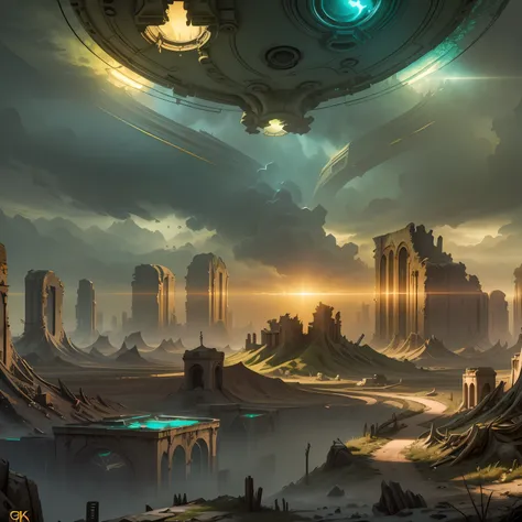 Create a stunning 9:16 visual composition that highlights the unique characteristics of an alien deserted homeworld. Use high-quality (8K) images to reproduce every detail of the scenery, from the ruins of the buildings to the alien vegetation that takes o...