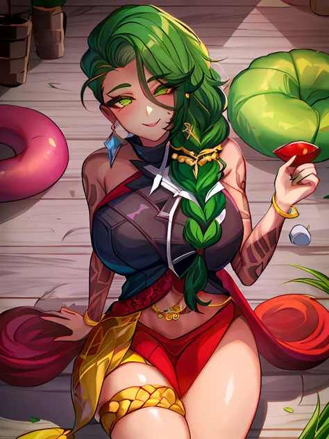 com roupa de coelho, heaven, campo, grama, samira \(league of legends\), league of legends, 1girl, joias, tatuagem, tapa-olho, b...