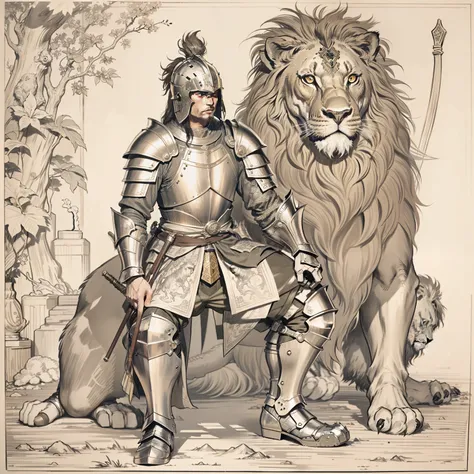 Classical beautiful knight, standing style, full of medieval armor and weapons, squatting next to a lion, Etching, Ukiyo-e art, One-line drawing.