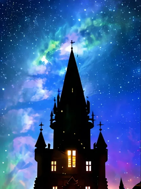 Classic medieval castle, castelo com torres e janela, feito de galaxias, estrelas, nebulosas, planetas, cosmo, super detalhado