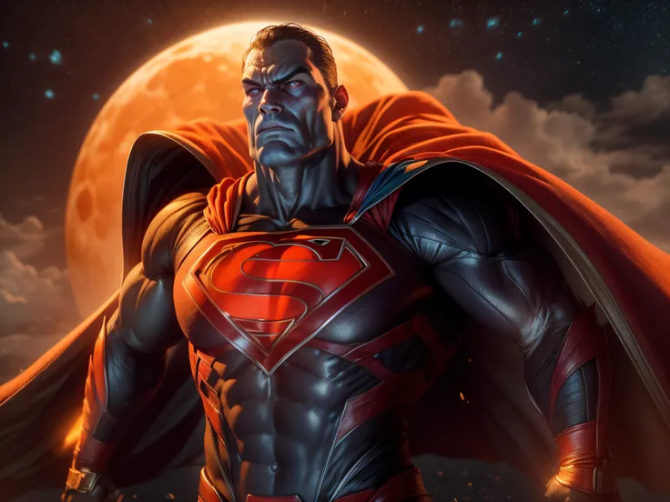 Close a powerful threat, The imposing appearance of the mighty Superman dressed in orange uniform, menacing stare, ricamente detalhado, Hiper realista, 3D-rendering, obra-prima, NVIDIA, RTX, ray-traced, Bokeh, Night sky with a huge and beautiful full moon,...