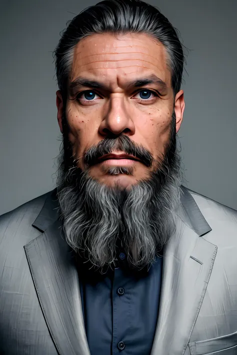 raw photo, portrait of a man with a beard in a grey suite, full sharp, detailed face, blue eyes, (high detailed skin:1.2), 8k, u...