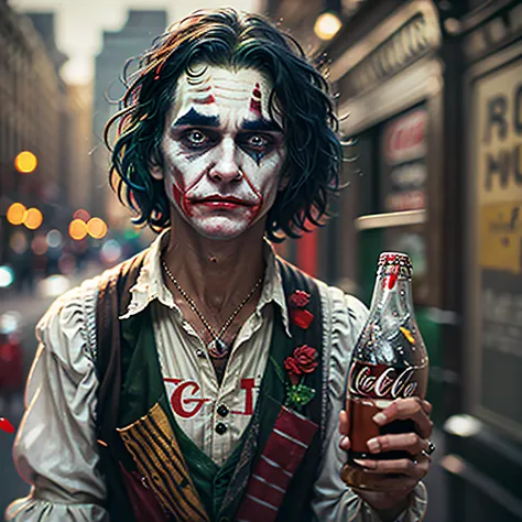 joker crying ,blur nikon camera image, masterpiece, realistic,top quality，there was a bottle of coca-cola scattered next to it，