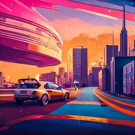 a car driving down a city street with a futuristic building in the background, stylized digital illustration, art deco outrun an...