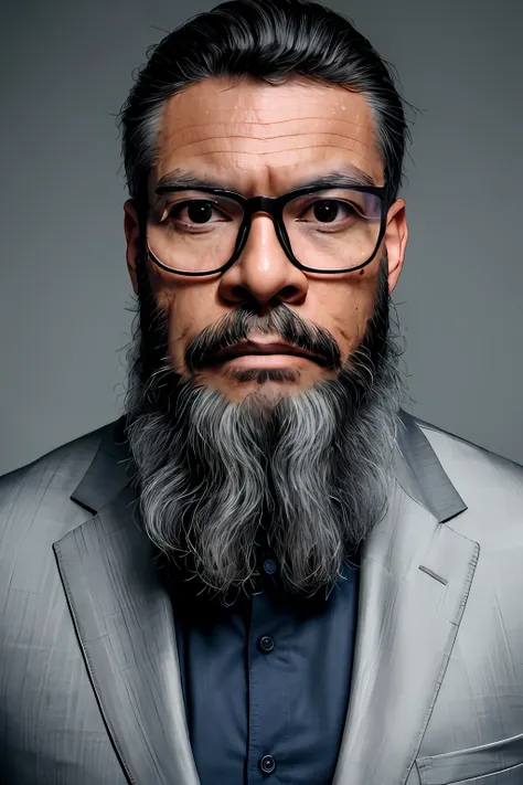 raw photo, portrait of a man, glasses, with a beard in a grey suite, full sharp, detailed face, black eyes, (high detailed skin:...