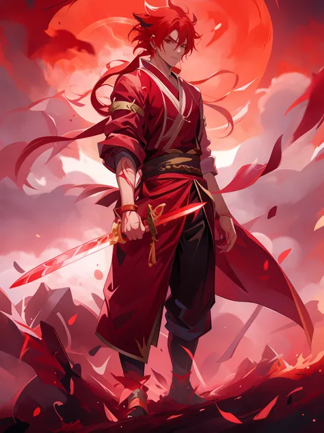 Anime character standing in front of a full moon with sword and red hair, demon slayer rui fanart, demon slayer artstyle, by Yang J, Badass anime 8 K, handsome guy in demon killer art, full-body wuxia, inspired by Chen Jiru, G Liulian art style, Artgerm an...