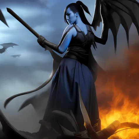 a close-up of a blue-faced witch riding on a dragon，a wand with a blue flame in his hand，pitch black night，black shadows，crooked...