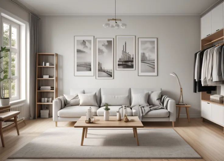 scandinavia_living room， masterpiece painting， scandinavian style， wooden floor，there are three hangers hanging from the railing...