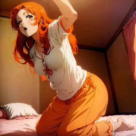 (((anime))), ((((woman)))), straight from real life, with (hair_orange) orange hair, wake up on a bed wearing (pijama_orange) or...