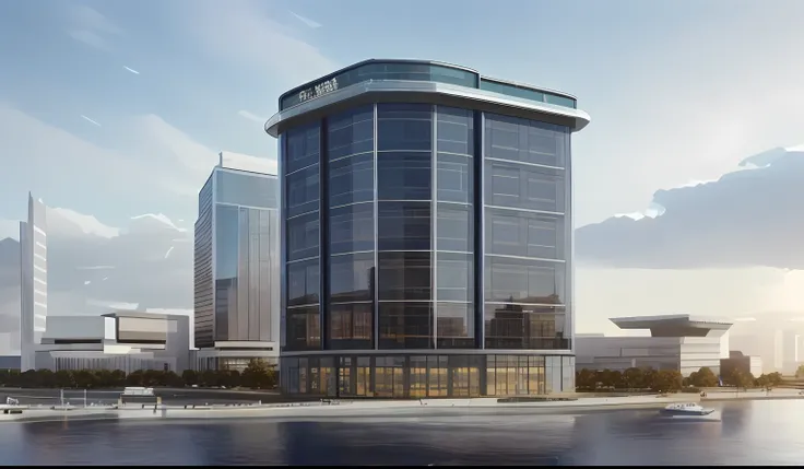 Rendering of a large building,There are a lot of windows,Next to it is a road,sharp hq rendering, sharp focus ilustration hq, precise architectural rendering, Office building, sharp foccus ilustration hq, in style of norman foster, wide angle exterior 2022...