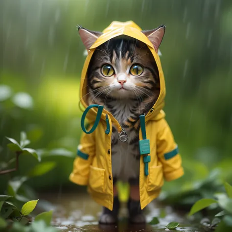 girl, circuitboardai, tiny cute (happy1.4) cat in a (yellow raincoat1.3) in the woods, rain, a character portrait, tilt-shift, b...