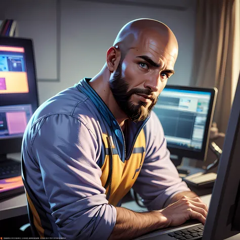 crie uma imagem com homem careca e barbudo realista mexendo no computador, in high resolution and futuristic concept with lots o...