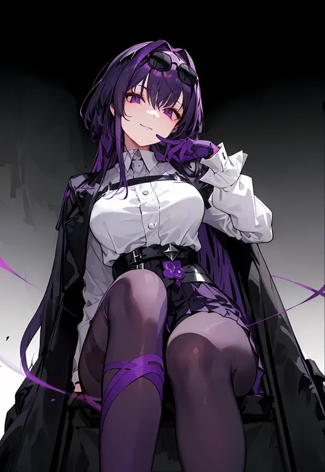 (Masterpiece, Best quality),8K quality,  1girll, 独奏, KafkaHKS, A woman sits in a chair，There was a knife leaning against the side of the chair，Playful expression！Purple and black clothes。eyewear on head,  gradient backgrounds， hair between eye，Long sleeves...