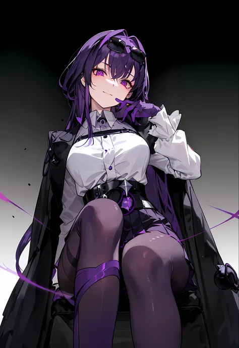 (Masterpiece, Best quality),8K quality,  1girll, 独奏, KafkaHKS, A woman sits in a chair，There was a knife leaning against the side of the chair，Playful expression！Purple and black clothes。eyewear on head,  gradient backgrounds， hair between eye，Long sleeves...