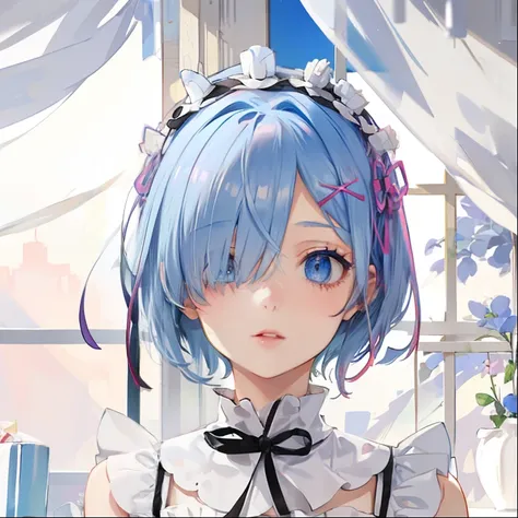 r_e_m, 1girl,((beautiful face)) ,short blue hair, blue eyes, hair over one eye, hair ornament, pink hair ribbon, rem's maid unif...