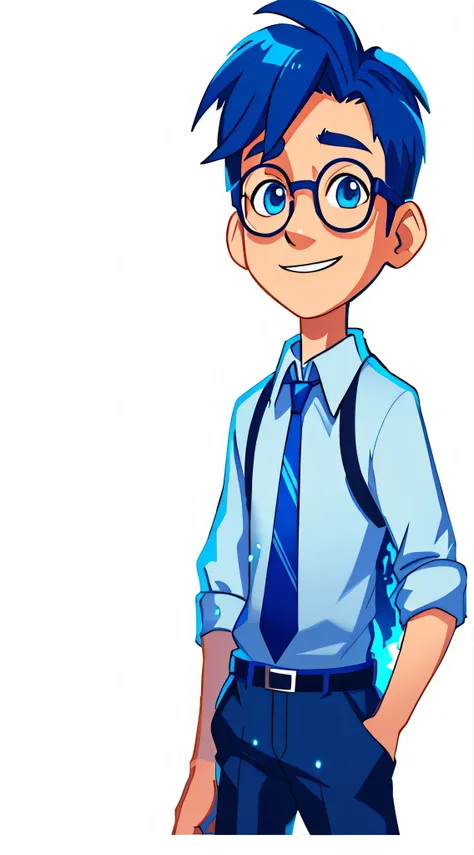 cartoon boy in glasses and tie standing with hands in pockets, nerd man character portrait, concept art of single boy, professio...