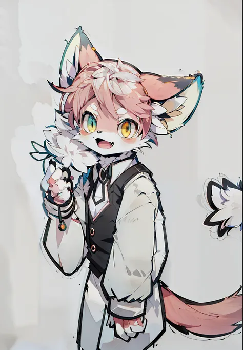 draw a girl with pink hair and a black vest holding a bird, professional furry drawing, anthropomorphic fox, anthropomorphic fox...