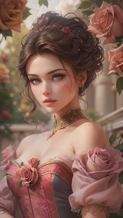 this is realistic fantasy artwork set in the castle's enchanted rose garden. generate a proud woman with a highly detailed face ...