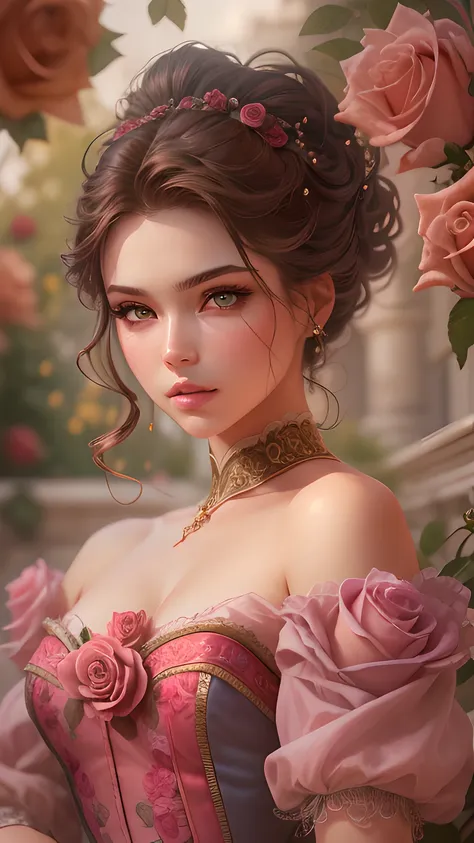 this is realistic fantasy artwork set in the castle's enchanted rose garden. generate a proud woman with a highly detailed face ...