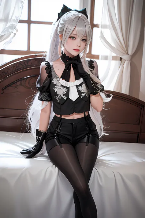 (((1 girl)),ray tracing,(dim lighting),[detailed background (bedroom)),((silver hair)),((silver hair)),(fluffy silver hair, plum...