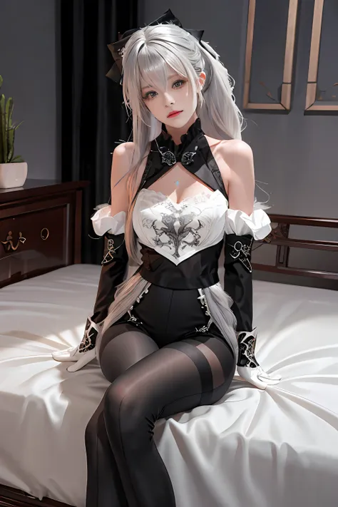 (((1 girl)),ray tracing,(dim lighting),[detailed background (bedroom)),((silver hair)),((silver hair)),(fluffy silver hair, plum...