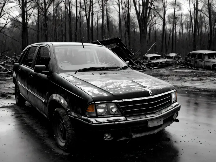 raw photo，black andwhite，big woods，desolation，dilapidated and ruined cars，ruined community，8k  uhd, high quality, film grainines...