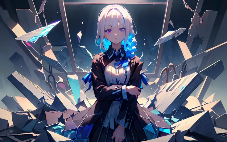 (best quality, masterpiece),(1girl, solo, dress shirt, expression face, sitting, looking at viewer, blue eyes, long hair, upper body,), (1girl, solo, black coat, expression face, looking at viewer,standing, purple eyes, glowing eyes, braided hair at one si...