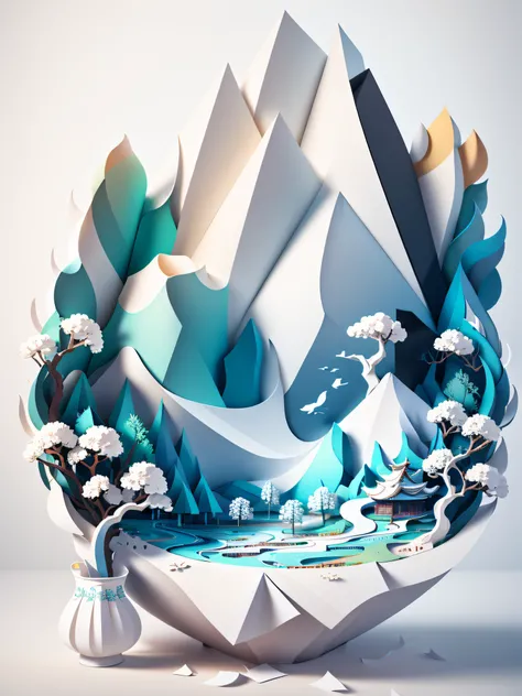 Traditional Chinese landscape painting, paper creation, 3D stereoscopic rendering, color gradient from white to light blue, 4K resolution, simple and natural composition, :white background, fresh and vulgar style. (:nature:)