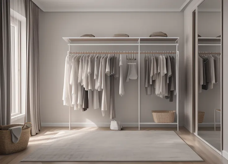 many clothes hung from the railing in the room, laundry hanging, clothes floating, realistic dress, elegant wardrobe, clothes fu...