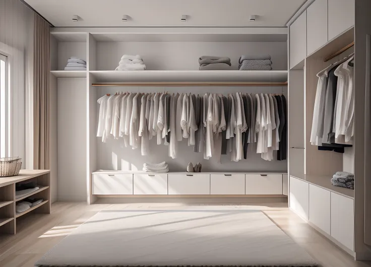 many clothes hung from the railing in the room, laundry hanging, clothes floating, realistic dress, elegant wardrobe, clothes fu...