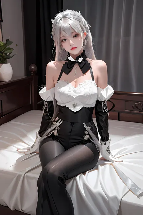 (((1 girl)),ray tracing,(dim lighting),[detailed background (bedroom)),((silver hair)),((silver hair)),(fluffy silver hair, plum...