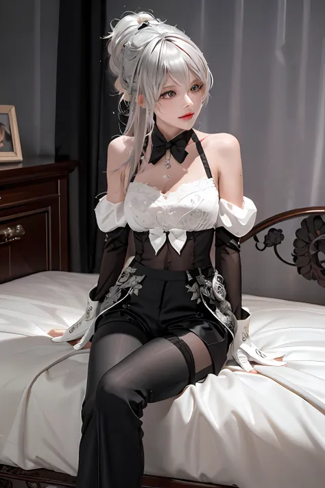 (((1 girl)),ray tracing,(dim lighting),[detailed background (bedroom)),((silver hair)),((silver hair)),(fluffy silver hair, plum...