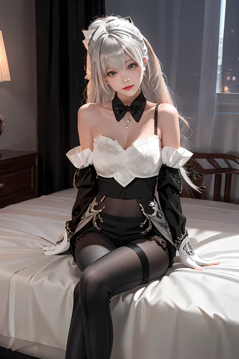 (((1 girl)),ray tracing,(dim lighting),[detailed background (bedroom)),((silver hair)),((silver hair)),(fluffy silver hair, plum...