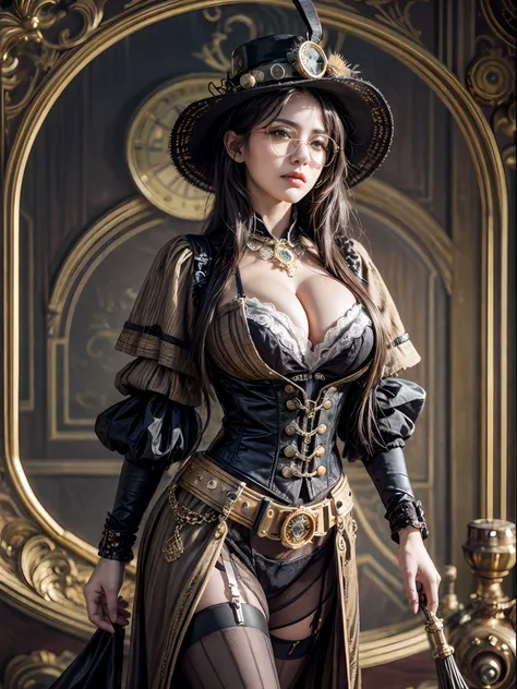 (steampunk),close up, 1girl, lady in the hat and round steel gear, sunglasses, victorian clothes, deep_cleavage, shiny skin, ((steampunk)), cinematography, crafted, elegant, meticulous, magnificent, maximum details, extremely hyper aesthetic, intricately d...