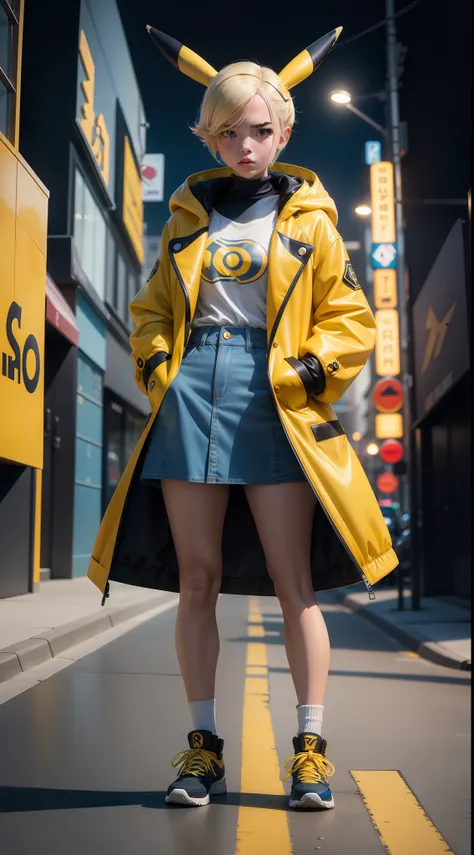 Pokémon, Pikachu coat，surrealism, Realism, Cinematic lighting, Fuji Film, Sony FE, Sony FE GM, hyper HD, Masterpiece, High quality, A high resolution, Super detail，Pikachu, A teenage girl, white skinned, hands in a pocket，sexy for, jaqueta de couro, short ...