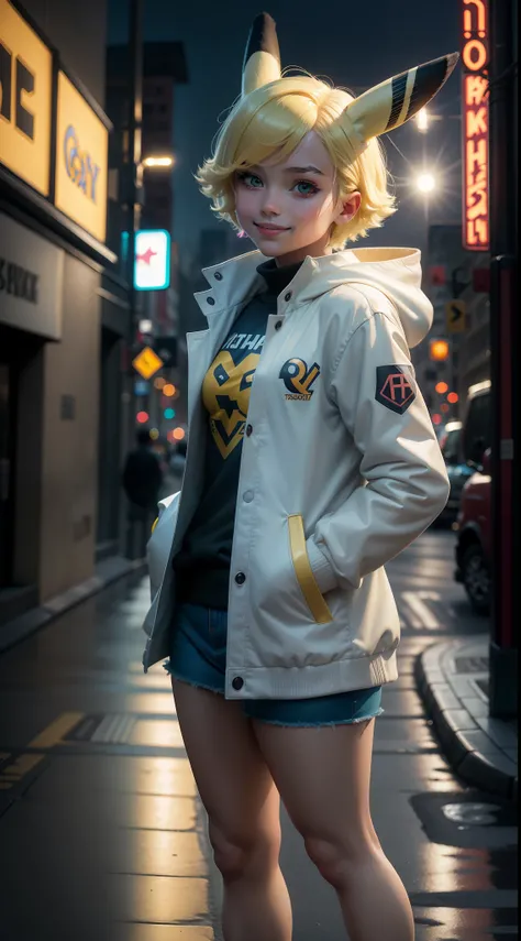 Pokémon, Pikachu coat，surrealism, Realism, Cinematic lighting, Fuji Film, Sony FE, Sony FE GM, hyper HD, Masterpiece, High quality, A high resolution, Super detail，Pikachu, A teenage girl, white skinned, hands in a pocket，sexy for, Smiling，jaqueta de couro...