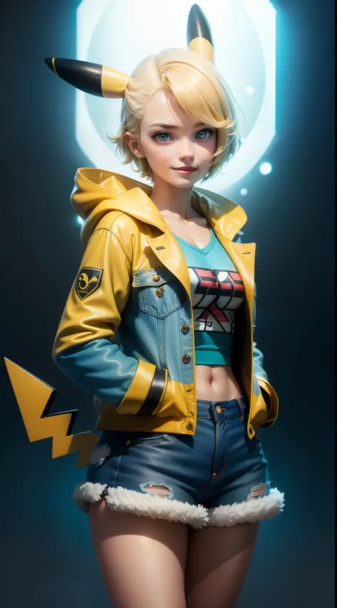 Pokémon, Pikachu coat，surrealism, Realism, Cinematic lighting, Fuji Film, Sony FE, Sony FE GM, hyper HD, Masterpiece, High quality, A high resolution, Super detail，Pikachu, A teenage girl, white skinned, hands in a pocket，sexy for, Smiling，jaqueta de couro...
