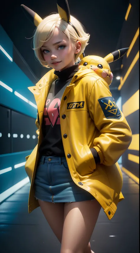 Pokémon, Pikachu coat，surrealism, Realism, Cinematic lighting, Fuji Film, Sony FE, Sony FE GM, hyper HD, Masterpiece, High quality, A high resolution, Super detail，Pikachu, A teenage girl, white skinned, hands in a pocket，sexy for, Smiling，jaqueta de couro...