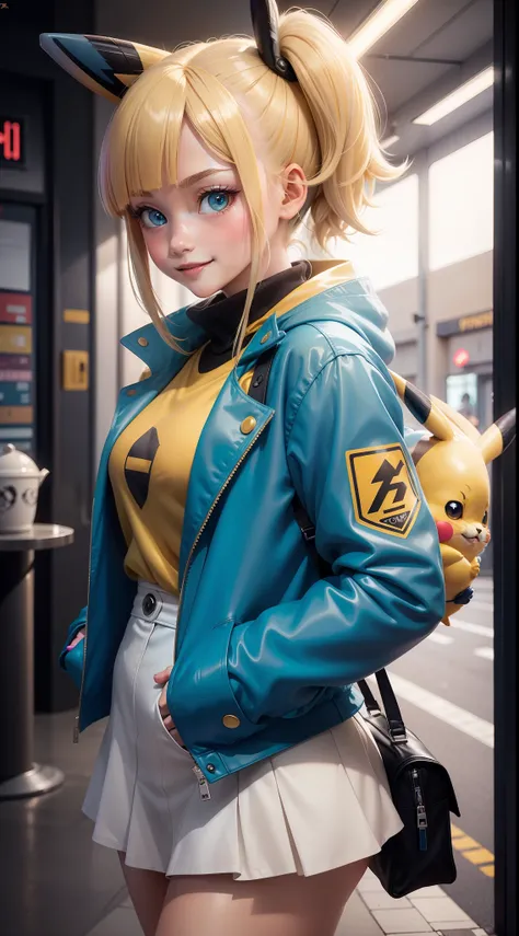 Pokémon, Pikachu coat，surrealism, Realism, Cinematic lighting, Fuji Film, Sony FE, Sony FE GM, hyper HD, Masterpiece, High quality, A high resolution, Super detail，Pikachu, A teenage girl, white skinned, hands in a pocket，sexy for, Smiling，Light smile，Blus...