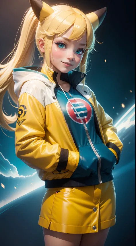 Pokémon, Pikachu coat，surrealism, Realism, Cinematic lighting, Fuji Film, Sony FE, Sony FE GM, hyper HD, Masterpiece, High quality, A high resolution, Super detail，Pikachu, A teenage girl, white skinned, hands in a pocket，sexy for, Smiling，Light smile，Blus...