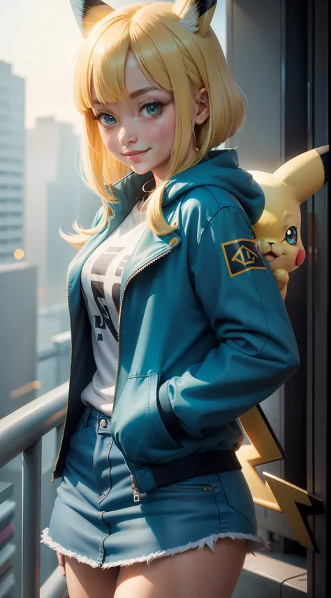 Pokémon, Pikachu coat，surrealism, Realism, Cinematic lighting, Fuji Film, Sony FE, Sony FE GM, hyper HD, Masterpiece, High quality, A high resolution, Super detail，Pikachu, A teenage girl, white skinned, hands in a pocket，sexy for, Smiling，Light smile，Blus...