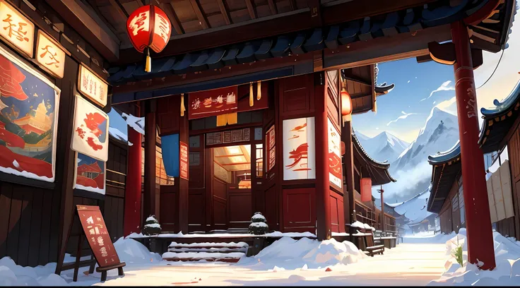 (digitial painting)(best qualtiy)Winter nights,Lively ancient bazaar,The stalls were filled with dried fruits and furs,Ancient Chinese architecture,drifting snow,snow cover,Lanterns,Lively bazaar,tea house,Steamed buns,Restaurants,Fabric shop ancient Chine...