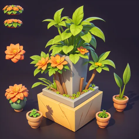 floral arrangements，gardening，a single object，potted，china-style，solid color backdrop，3d rendering 2d，game icon asset,（（cartoony...